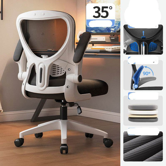 Ergonomic office chair with features highlighted on the right side