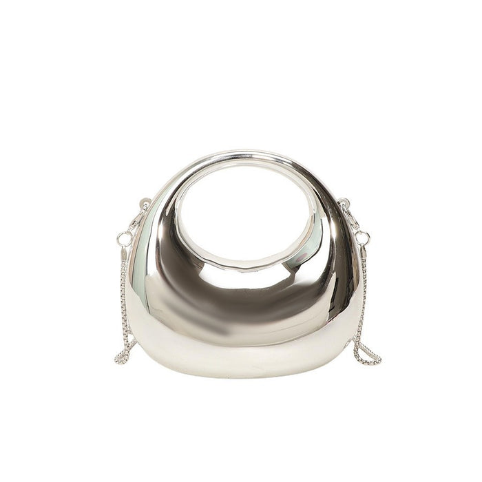 Silver handbag with chain details on a white background