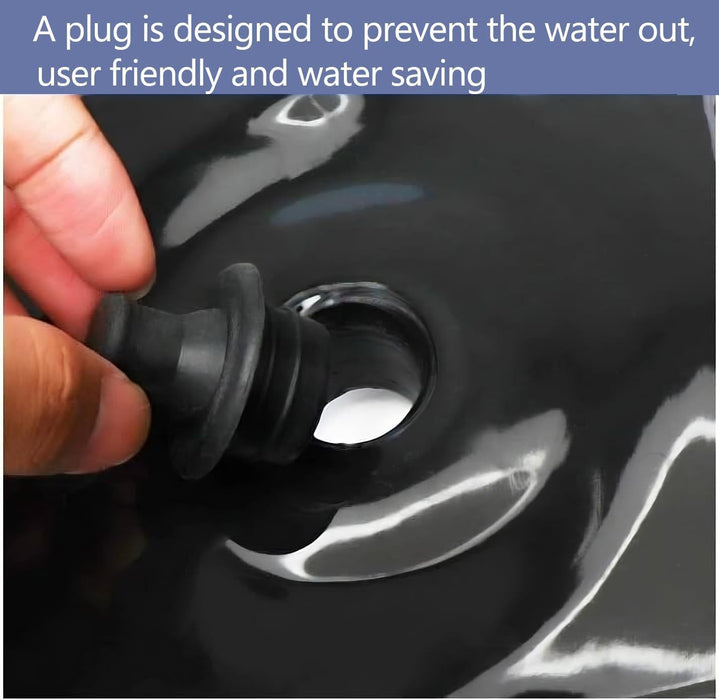 Hand plugging a black rubber washer into a sink drain, with text about water prevention and saving.