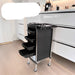 Black multi-layered rolling cart in a kitchen setting with text overlay