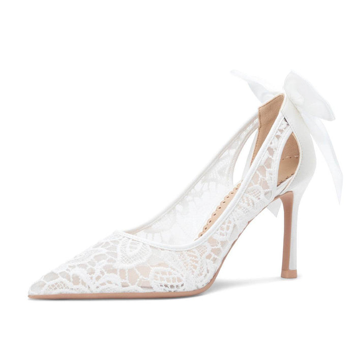 Dio Lace Shallow Mouth Pointed Toe Thread Bow Wedding Shoes - Dio Kollections