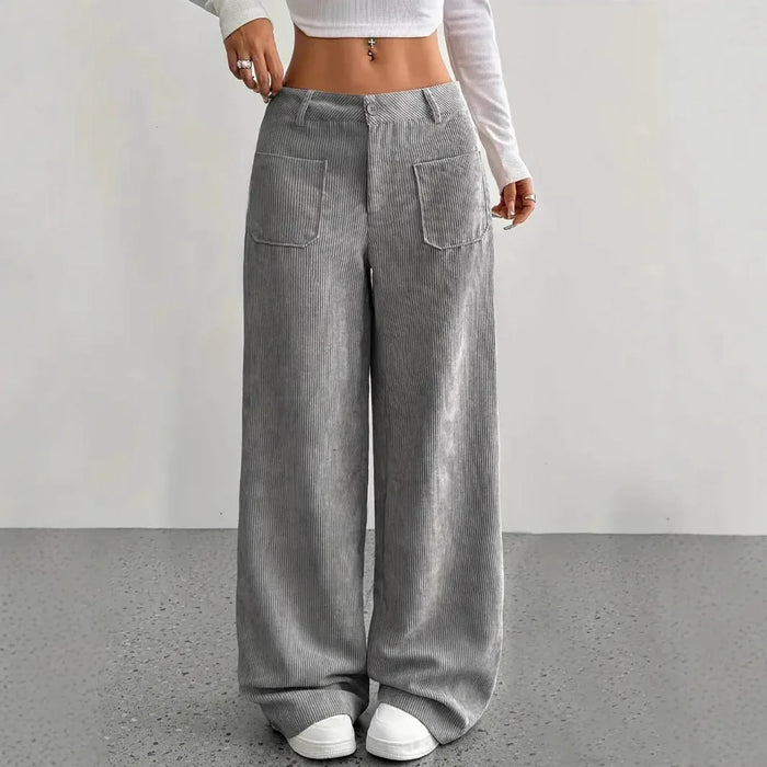 Gray wide-leg pants worn by a person on a plain background