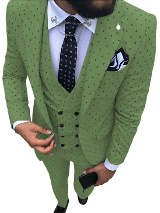 Green patterned suit with a white shirt and black tie on a white background