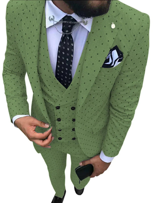 Green patterned suit with a white shirt and black tie on a white background