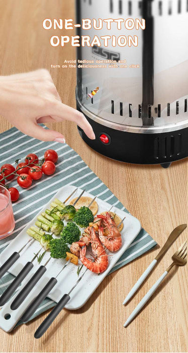 A countertop food warmer or steamer with a clear lid and black base, shown on a wooden table with a hand pressing a red button. Text at the top reads 'ONE-BUTTON OPERATION.