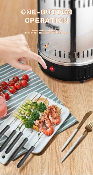 A countertop food warmer or steamer with a clear lid and black base, shown on a wooden table with a hand pressing a red button. Text at the top reads 'ONE-BUTTON OPERATION.