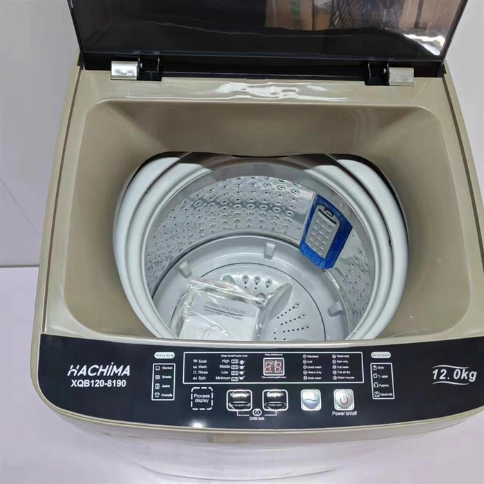 Open washing machine with visible brand 'Hachima' on a white background