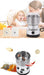 Small food processor with a woman and child in the background, surrounded by ingredients.