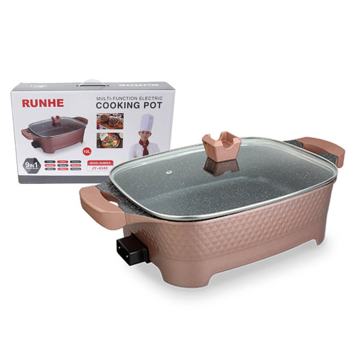 Multifunctional electric cooking pot with RUNHE branding and packaging on a white background