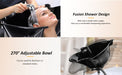Woman getting a hair wash in a salon chair with text about the Fusion Shower Design and 270-degree adjustable bowl.