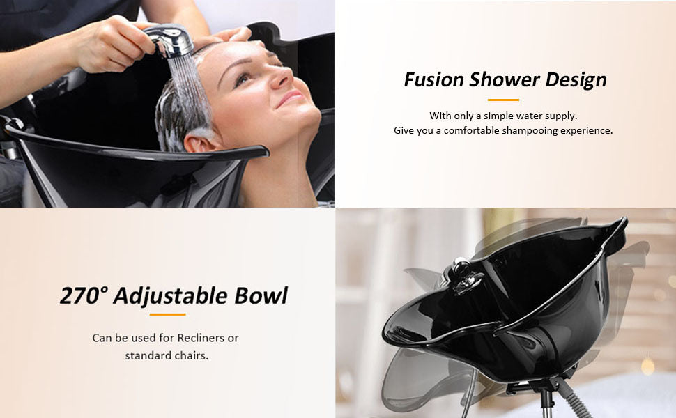 Woman getting a hair wash in a salon chair with text about the Fusion Shower Design and 270-degree adjustable bowl.