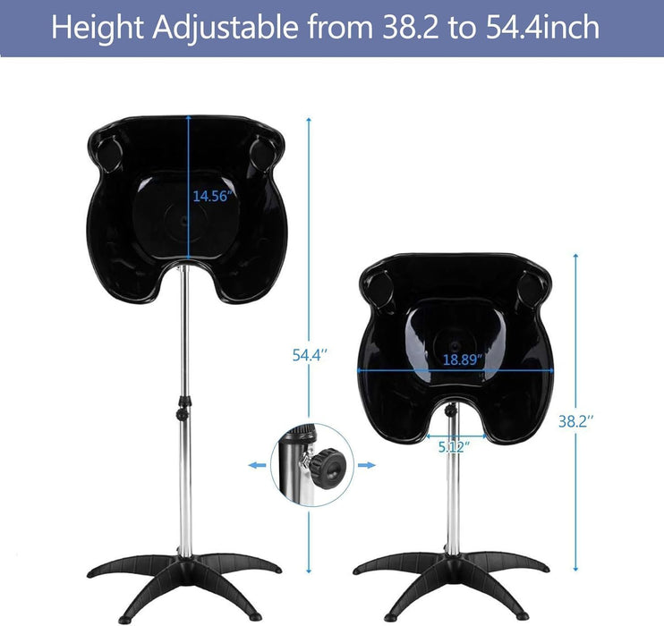 Black hair dryer stand with adjustable height feature, showing measurements on a white background.