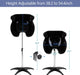 Black hair dryer stand with adjustable height feature, showing measurements on a white background.