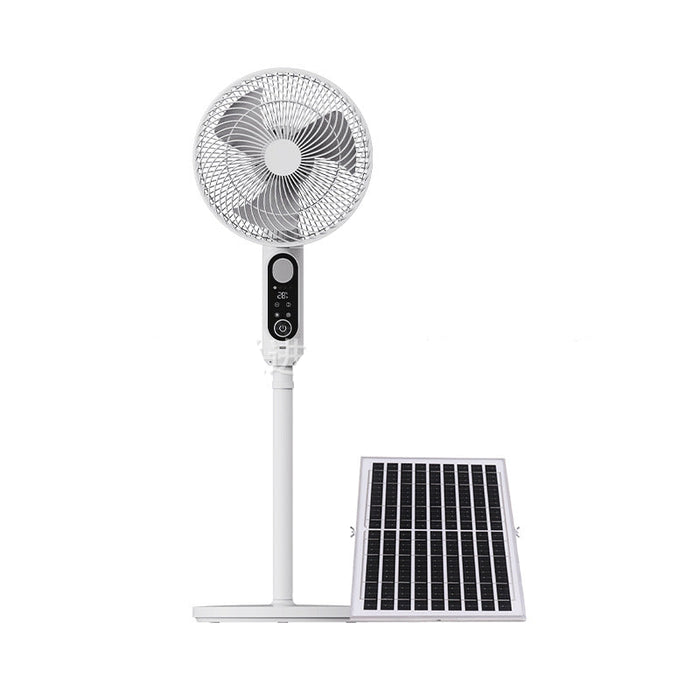 Solar-powered standing fan with a panel on a white background