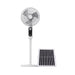 Solar-powered standing fan with a panel on a white background