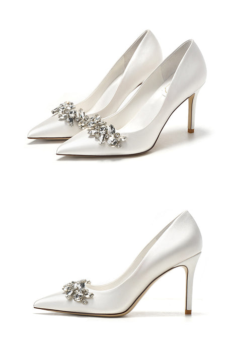 Crystal Champagne White Satin Bridesmaid Stiletto High Heel Shoes