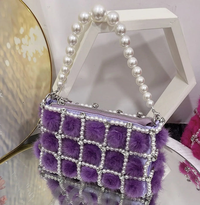 Pearl Diamond Chain Mink Fur French Fairy Single Shoulder Crossbody Bag