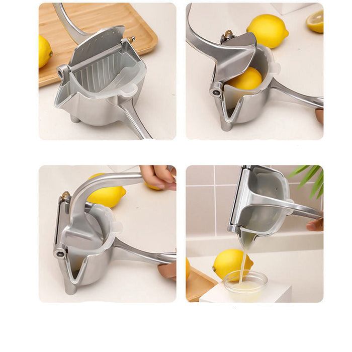 Step-by-step guide on using a manual lemon squeezer with lemon slices and a glass.