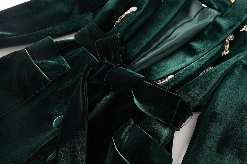 Velvet Beaded Fashion Suit Green Fruit Collar Suit Jacket Lace-up Elastic Wide Leg Pants Two-piece Set - Dio Kollections