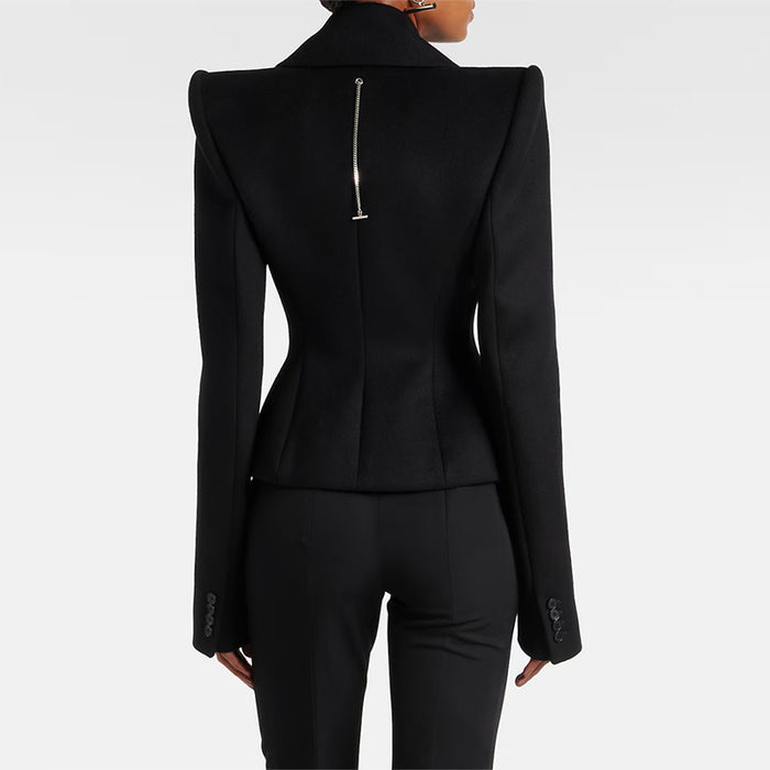 Black suit jacket with a zipper detail on a white background