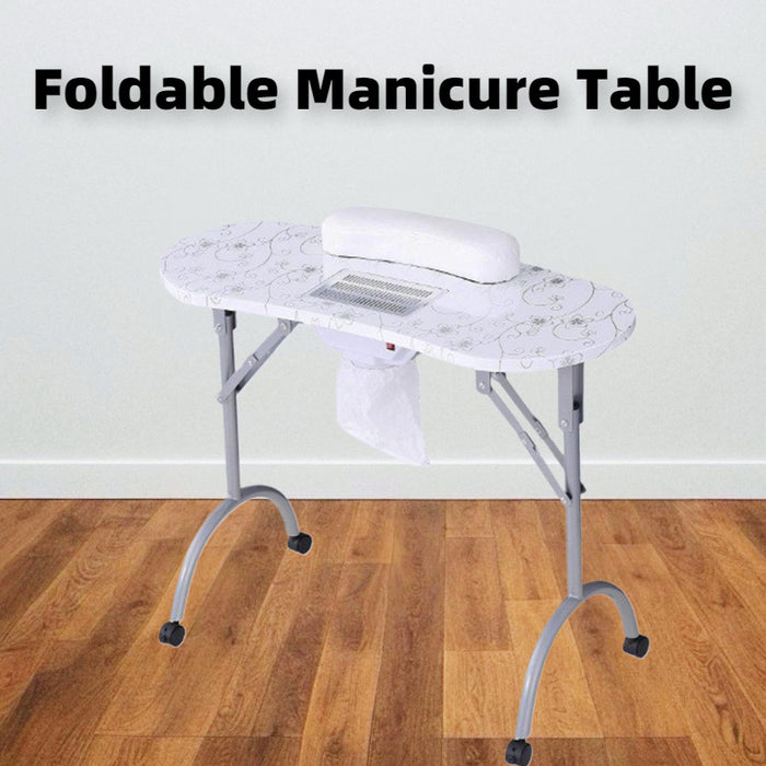 Foldable manicure table with a nail lamp on a wooden floor