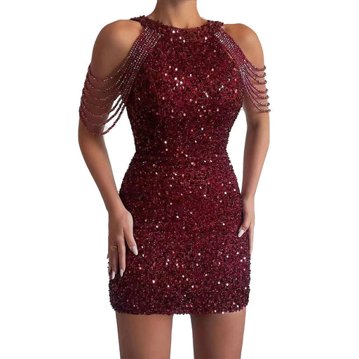 Dio Women's Sexy New Fashion Sequin Shiny O Neck Off Shoulder Sleeveless Slim Mini Party Dress - Dio Kollections