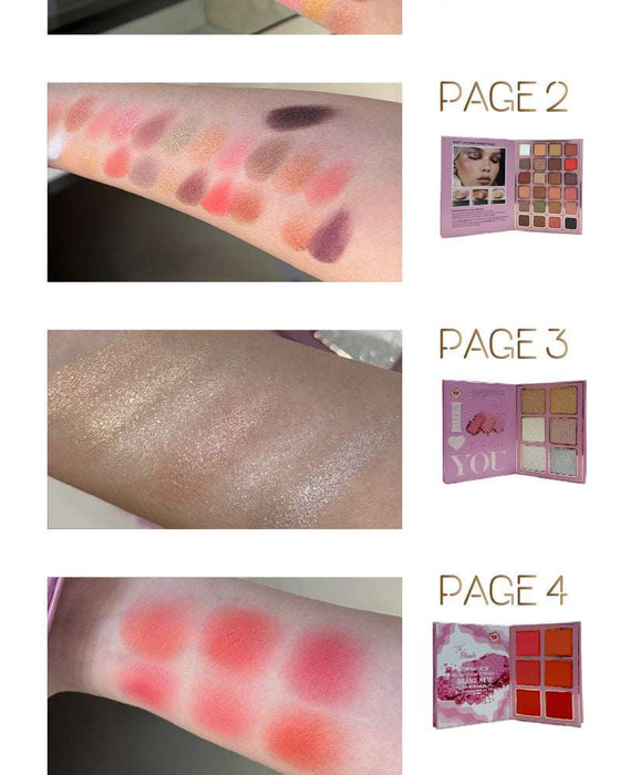 Makeup palette swatches on skin with product packaging displayed.