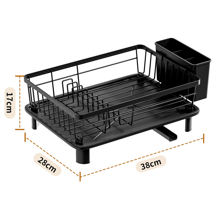 Black dish rack with measurements on a white background