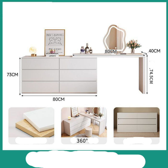 White dresser with dimensions and features displayed on a green border