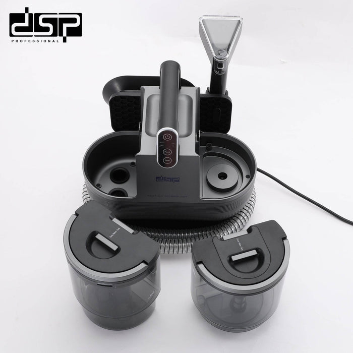 Black and gray vacuum cleaner with attachments on a white background, featuring the DSP Professional logo.