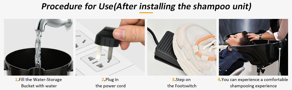 Step-by-step guide for using a shampoo unit after installation, including filling a bucket with water, plugging in a power cord, stepping on a footswitch, and experiencing a comfortable shampoo experience.