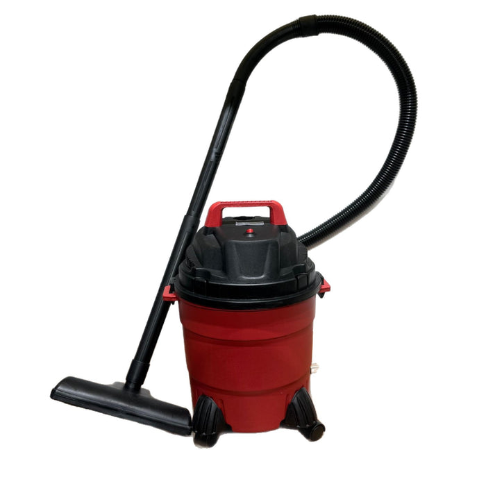 Red and black vacuum cleaner with hose on a white background