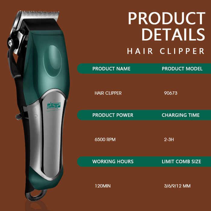 Hair clipper with product details on a brown background