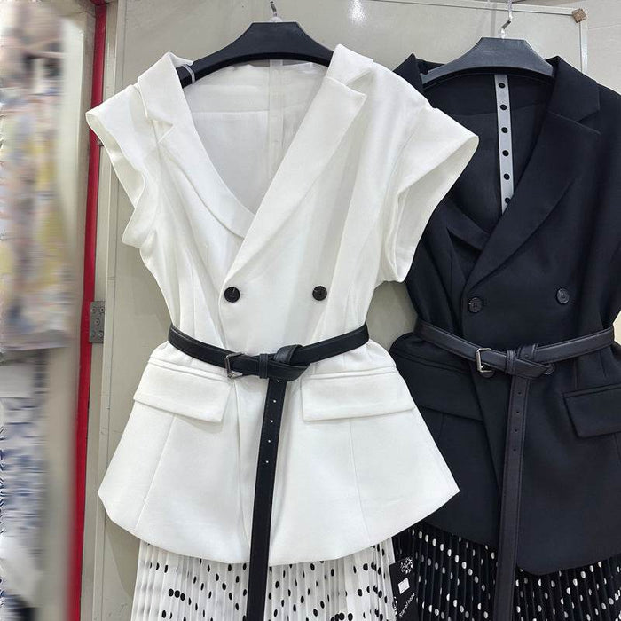 Chic Lapel Double-Breasted Sleeveless Waist-Cinching Suit - Dio Kollections