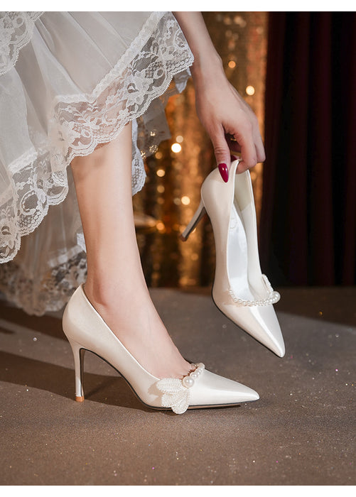 High-end Pearl French Satin Plus Size Wedding Shoes 41-43