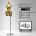 Gold female mannequin with size information on a gray background