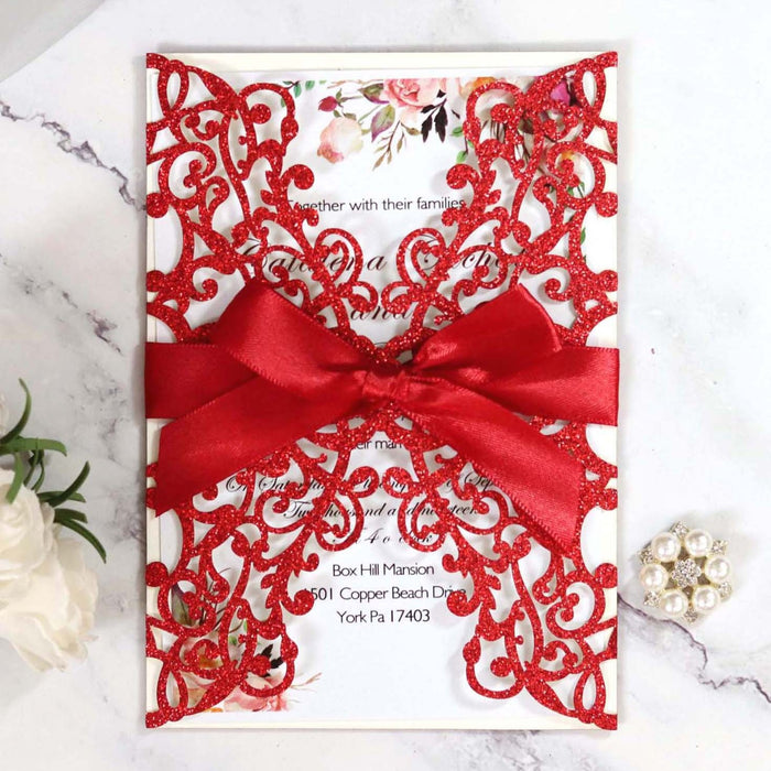 Laser Golden Deep Orchid Wedding Invitation Card Romantic- 10 Pieces