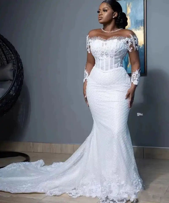 Dio African White Mermaid Wedding Dress with Sheer Long Sleeves - Dio Kollections