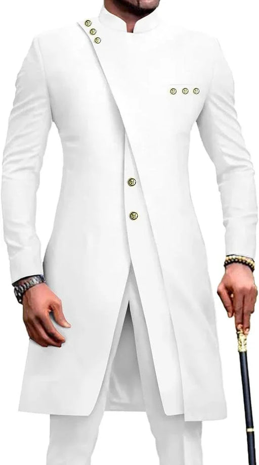 White formal coat with gold buttons worn by a person on a white background