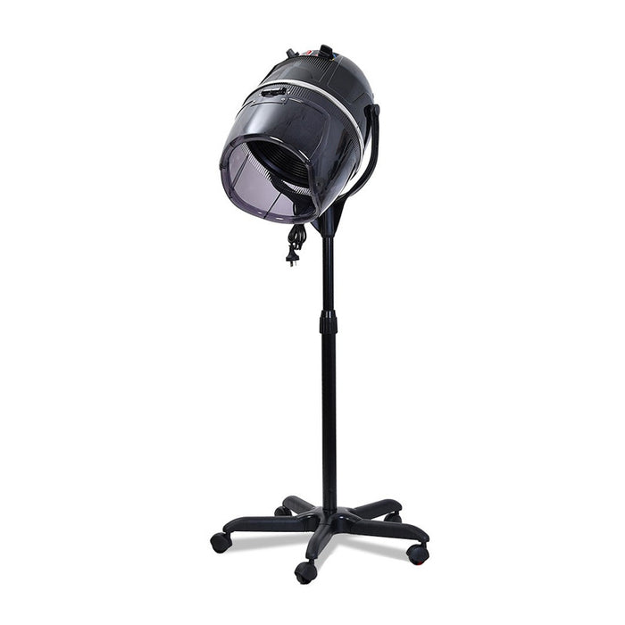 Black hair dryer on a stand with a white background