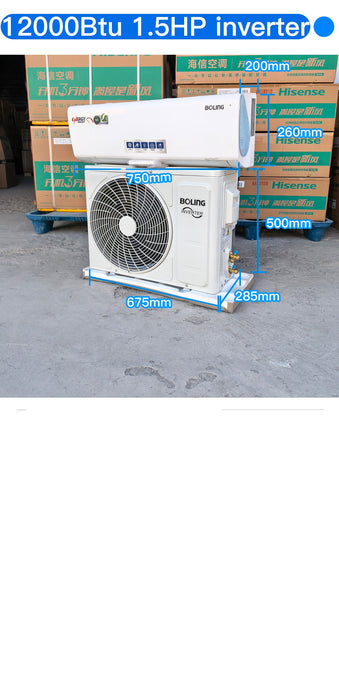 Air conditioning unit with dimensions and specifications displayed on a concrete floor.