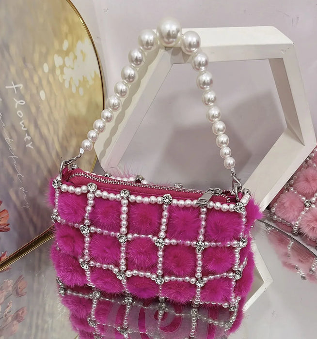 Pearl Diamond Chain Mink Fur French Fairy Single Shoulder Crossbody Bag