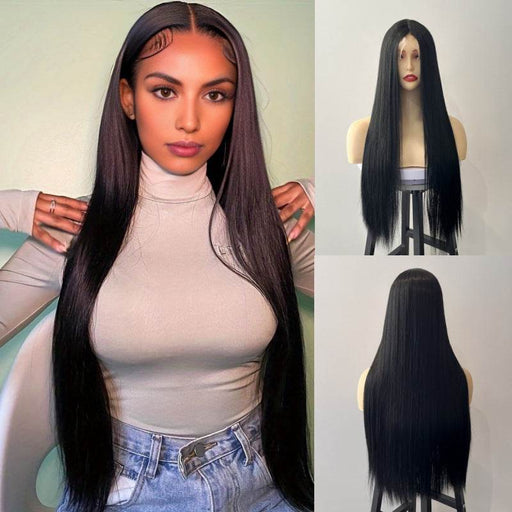 Long black wig displayed on a mannequin and a person, with close-up views.