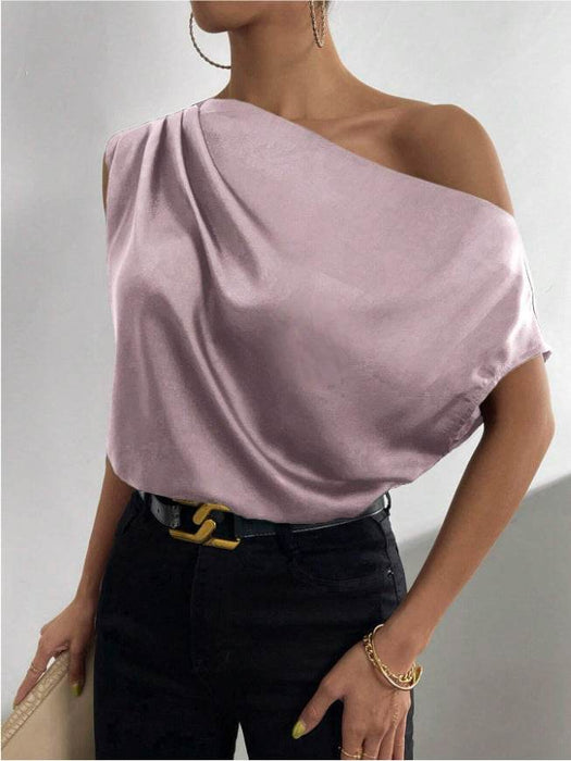 Satin Imitation Silk Irregular Shoulder Sleeveless Pullover Shirt for Women - Dio Kollections