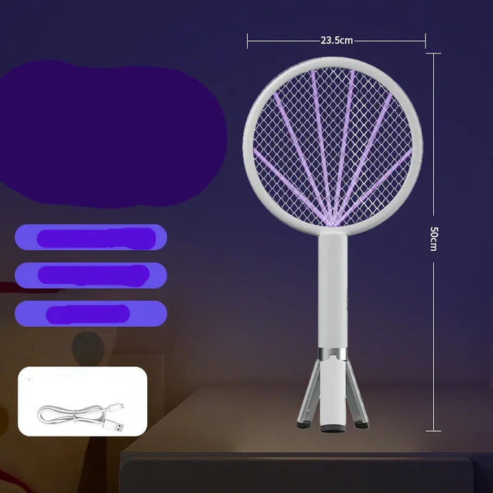 Electric fly swatter with dimensions and features on a dark background