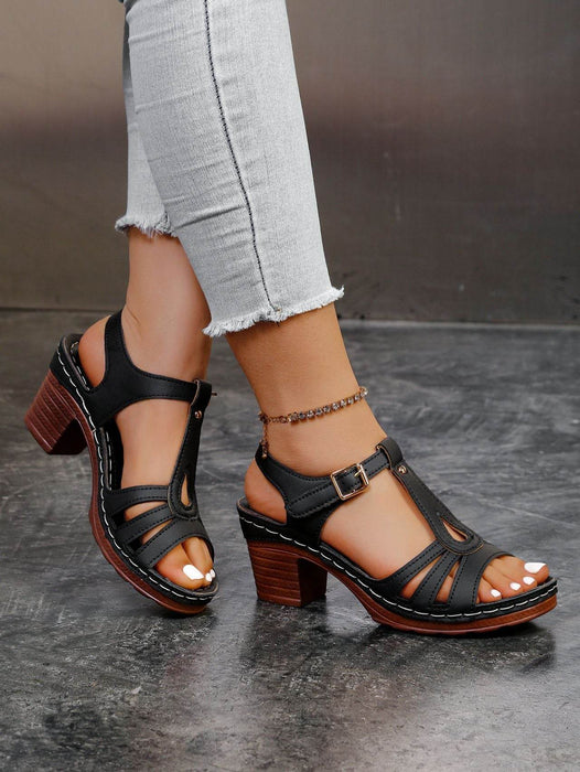 Summer New Solid Color Fish Mouth Thick Heel One-Way Buckle Strap High Heel Sandals - Dio Kollections
