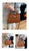A brown crocodile-embossed leather handbag with gold-tone hardware, shown in a three-panel collage. The main panel features a model wearing a gray sweatshirt and white pleated skirt holding the bag.