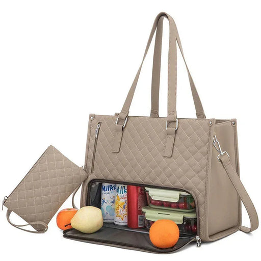 Beige quilted handbag with compartments open, showing items inside on a white background