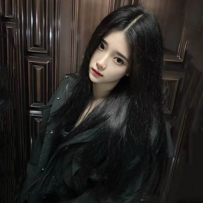 Star Style Long Black Straight Wig with Medium-Parted Bangs