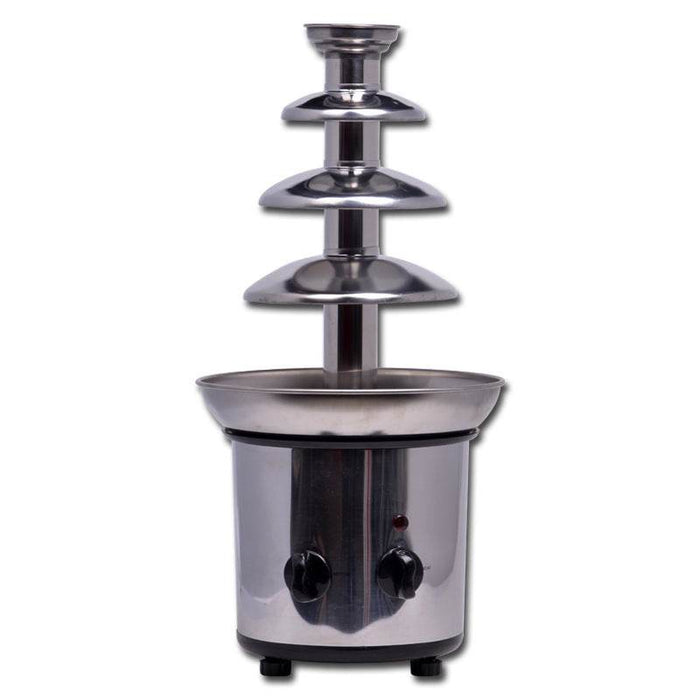 Stainless steel chocolate fountain on a white background